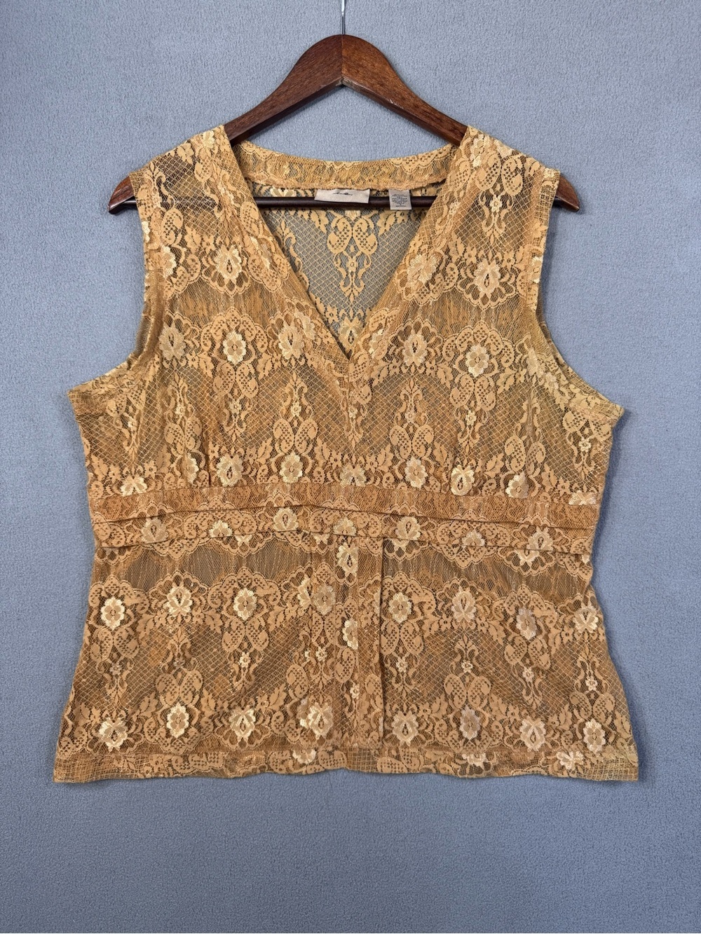 Vintage Y2K i.e. Women's Boho Lace V-Neck Sheer Babydoll Top, Gold, Size Large